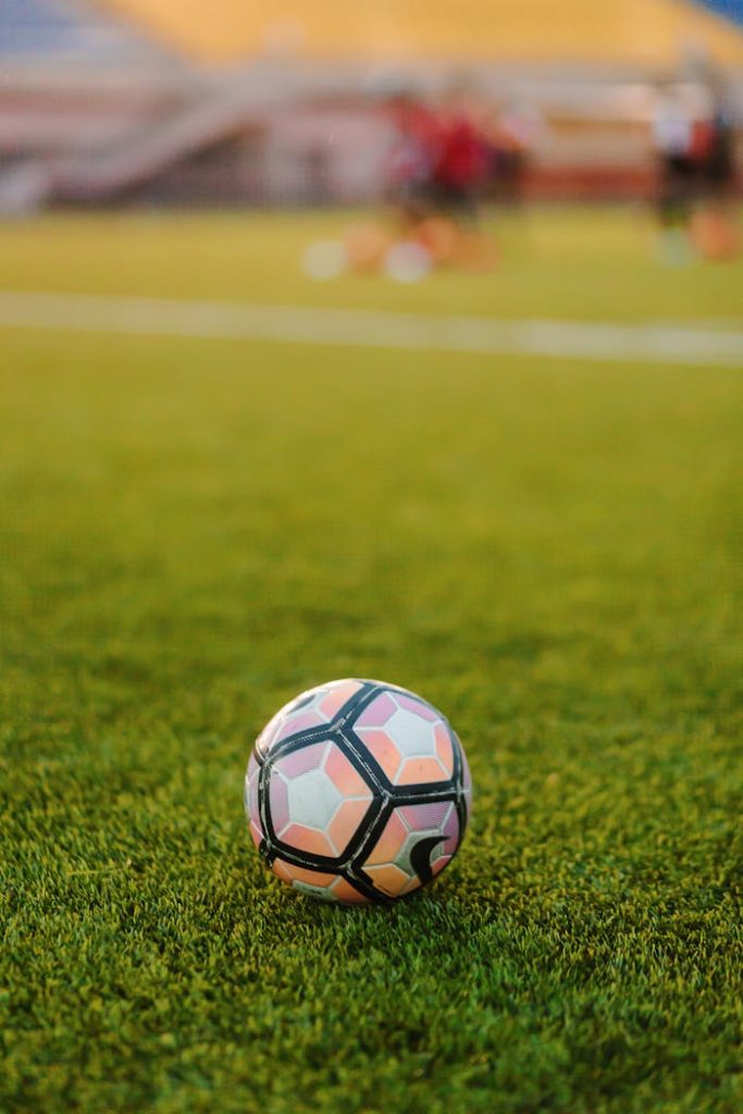 Soccer ball resting on a lush green field during a day match.